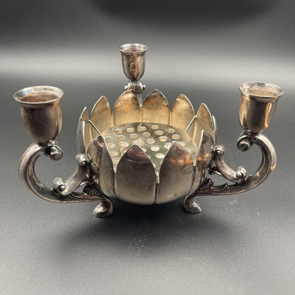 Leonard Silver plate 3 Candle Holder Lotus Vase With Original Frog Vintage 1970s